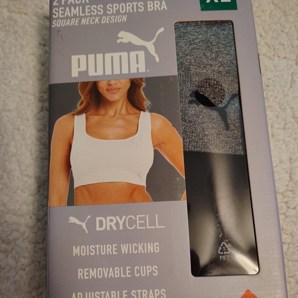 Puma Sports Bra 2 Pack Womens XL Gray Black New Seamless Square Neck DryCell